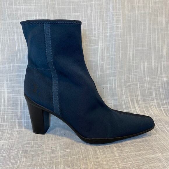 Apostrophe Naomi Pointed Toe Blue Fabric 3 inch heel Boots Women Size 10 - Picture 1 of 9
